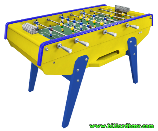 Babyfoot BMV 40 Personnalisé : Caisse Laque Jaune satinée (option), Poignées LONGUES ALU (option), Tapis Vert traçage (option), COULEURS JOUEURS 1 (Maillot / Short / Chaussettes) Bleu Standard, COULEURS JOUEURS 2 (Maillot / Short / Chaussettes) Jaune Vert Jaune, Main Courante Bleue, Pieds Bleu